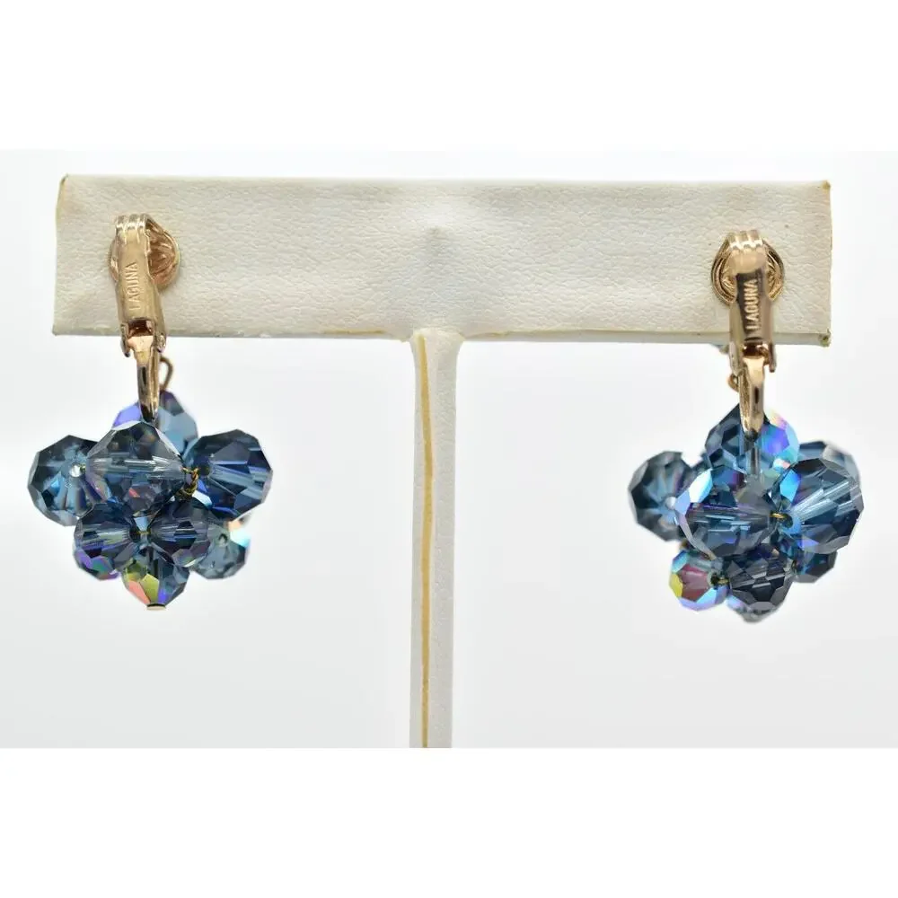 Laguna Vintage Clip On Crystal Earrings Dangle Navy Blue Drop Signed 1950s A24